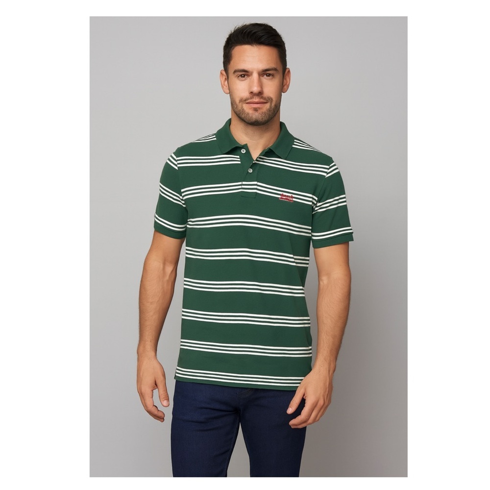 Mens Super Dry short Sleeve Polo Shirt Green with White Stripes